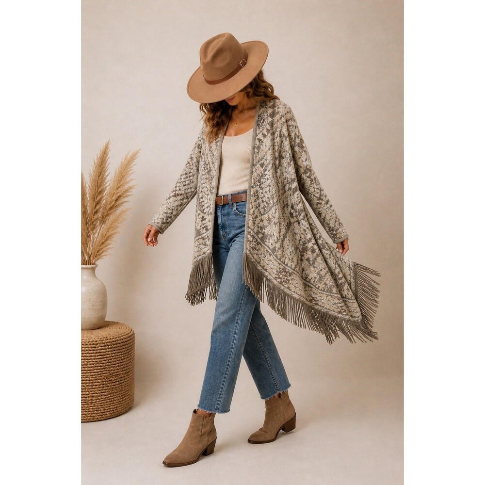 Lucky Brand Cardigan Fringe Tribal Boho Open Front Women’s L